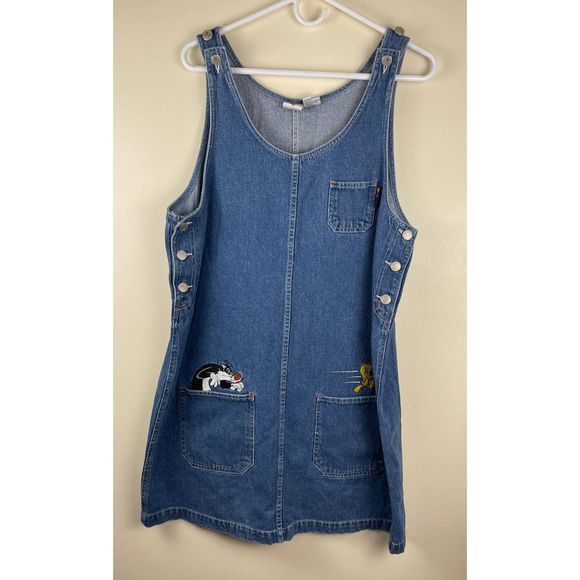 Vintage Tweety‎ And Sylvester Denim Over All Jumper Dress Size Large - Picture 1 of 8